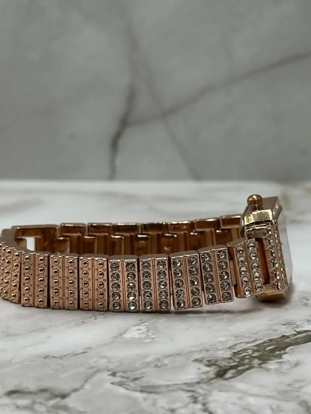 Rose Gold Tone Rhinestone Watch Womens Square Dial 20MM New Battery 6.5 Inch